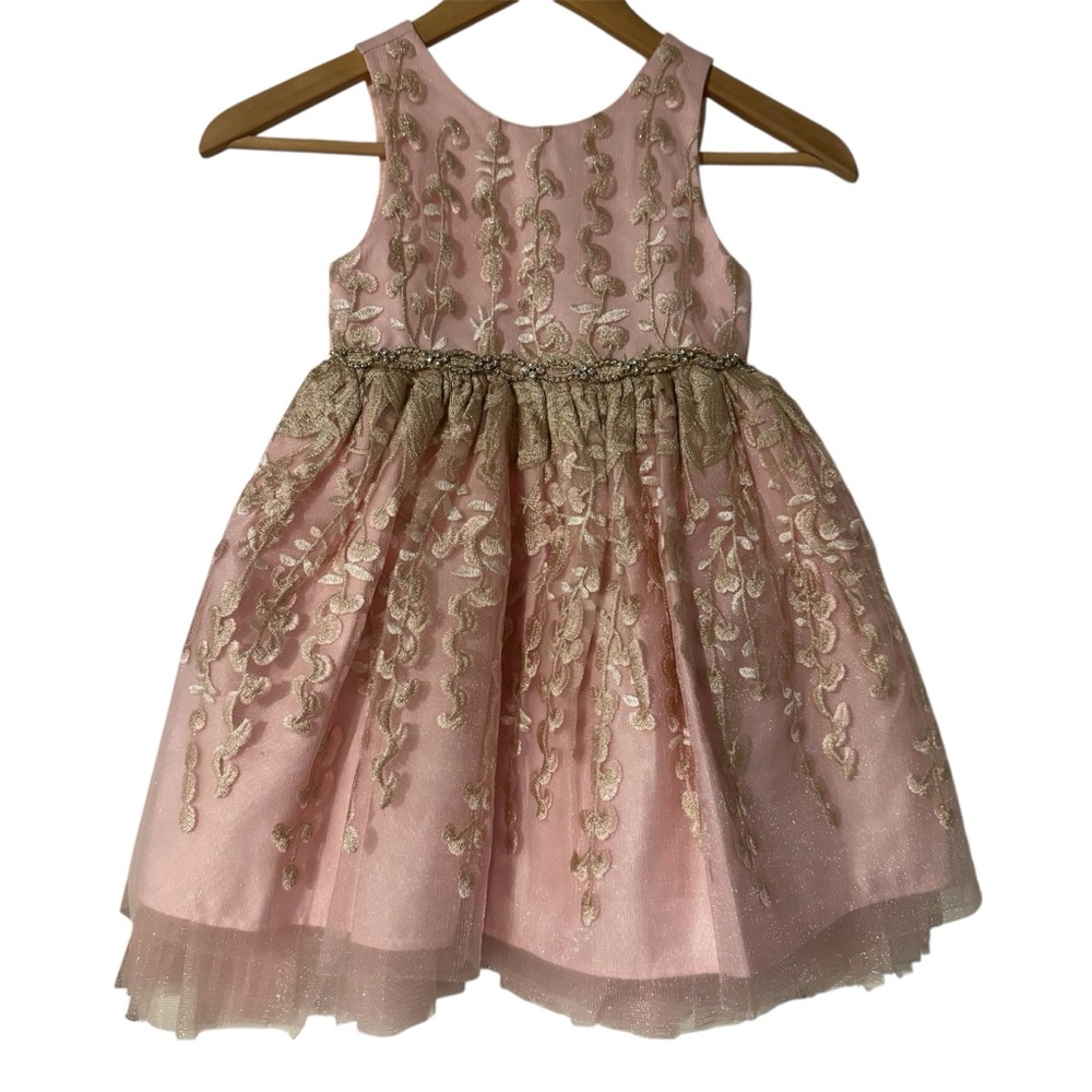 Pink & Gold Embroidered Party Dress Size 5 Elegant Tulle Skirt Flower Girl